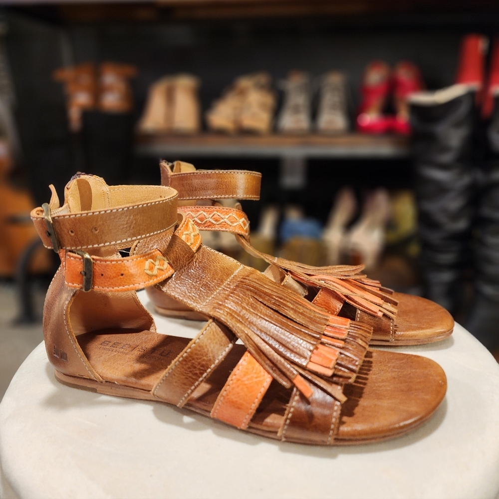 BED|STU Brown and Orange Fringe Sandals